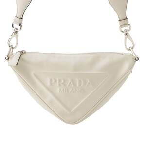 Prada Logo Embossed Triangle Leather Shoulder Bag White